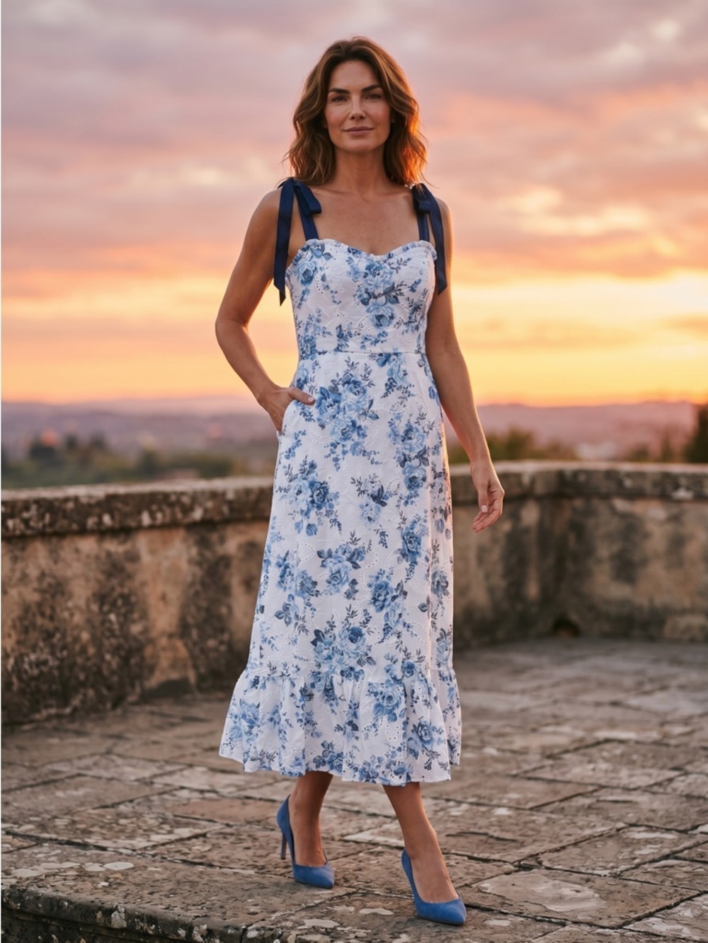 Floral Blue & White Sundress with Ruffle Hem